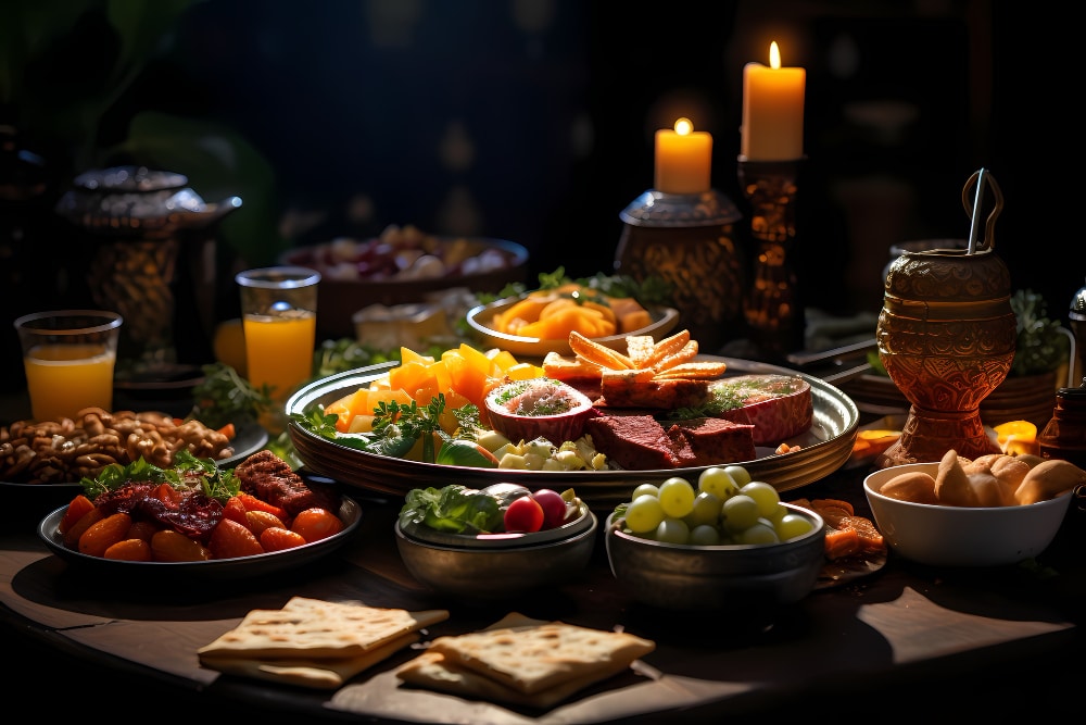 A beautifully arranged festive food spread featuring a variety of fruits, meats, and snacks on a wooden table.